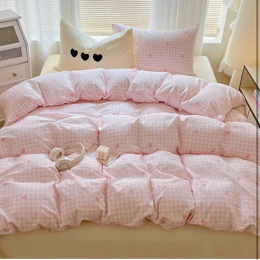 Twin Pink Heart Check Duvet Cover Set - Home Bedding